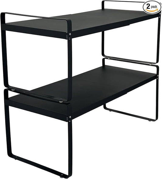 Set of 2 Expandable Cabinet Shelf Organizer, Black Kitchen Countertop Shelves, Stackable Metal Pantry Storage Organizer for Cupboard, Spice Rack