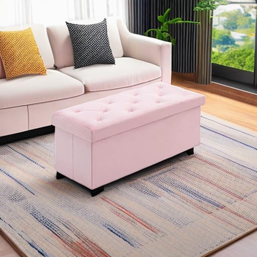 BRIAN & DANY 43 Inches Folding Storage Ottoman Bench, Velvet Ottoman with Storage for Living Room, Long Shoes Bench, Flannelette Footrest Benches Seat (Pink)