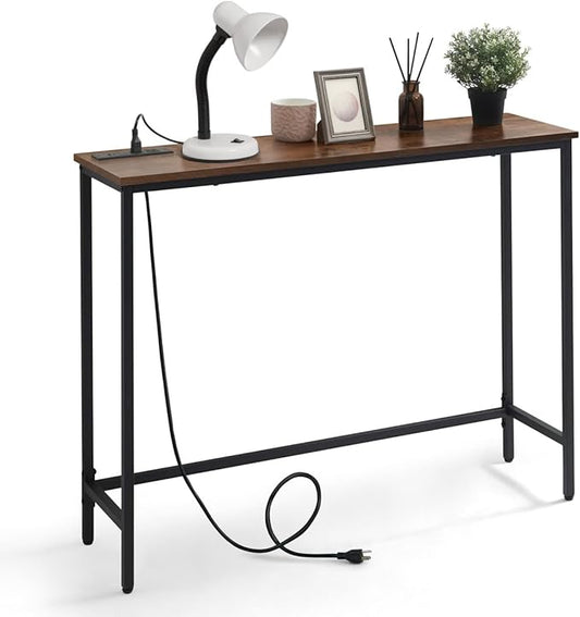 CAPHAUS 41” Classic Console Table w/ 2 Outlets, USB & Type-C Ports for Entryway, Modern Snack Entrance Sofa Tableau w/Charging Station, Living Room Accent Behind Couch Plant Mesa, Rustic Oak