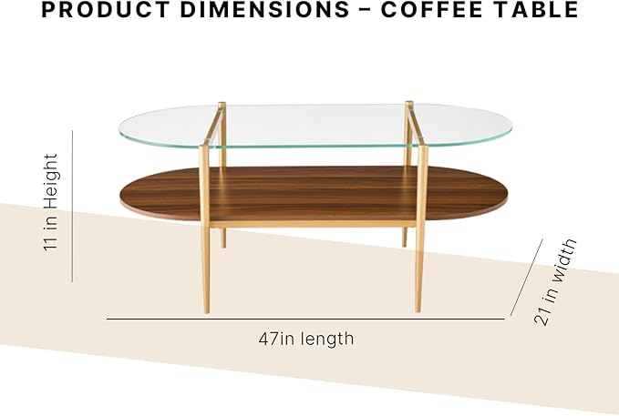 Shrine Oval Coffee Table, Mid-Century Modern Design, 2-Tier Structure, Clear Glass Top and Walnut MDF Shelf, 47" D x 21" W x 17" H, Sleek Conical Metal Legs with Gold Finish