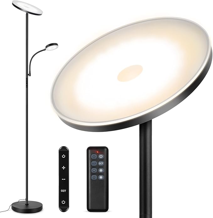 OUTON LED Floor Lamp, 27W/2400LM Modern Torchiere Lamp & 7W/ 400LM Reading Lamp, Bright Dimmable Standing Tall Lamp with 4 Color Temperature, Remote Touch Control for Living Room Bedroom Office, Black