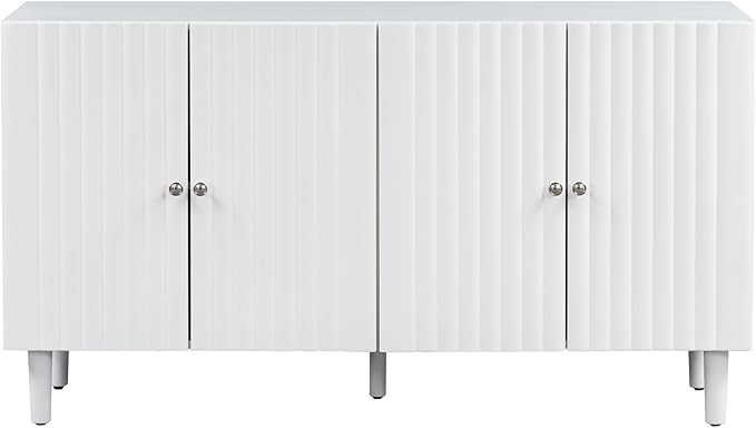 Modern Elegant Sideboard with 4 Wavy Pattern Doors and Cylindrical Legs, 58'' Storage Cabinets with Adjustable Shelves, Accent Entryway Cabinet for Living Room Hallway Kitchen (White-4UV)