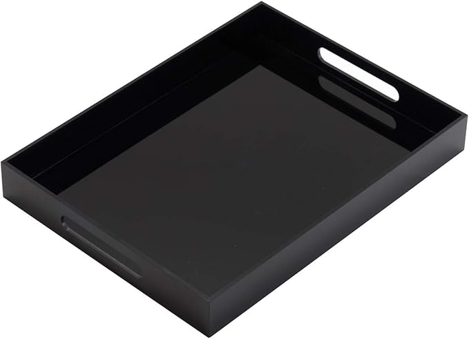 Glossy Black Sturdy Acrylic Serving Tray with Handles - 10x15 Inch, Coffee, Appetizer, Breakfast Tray - Butler, Kitchen to Vanity Table, Decorative