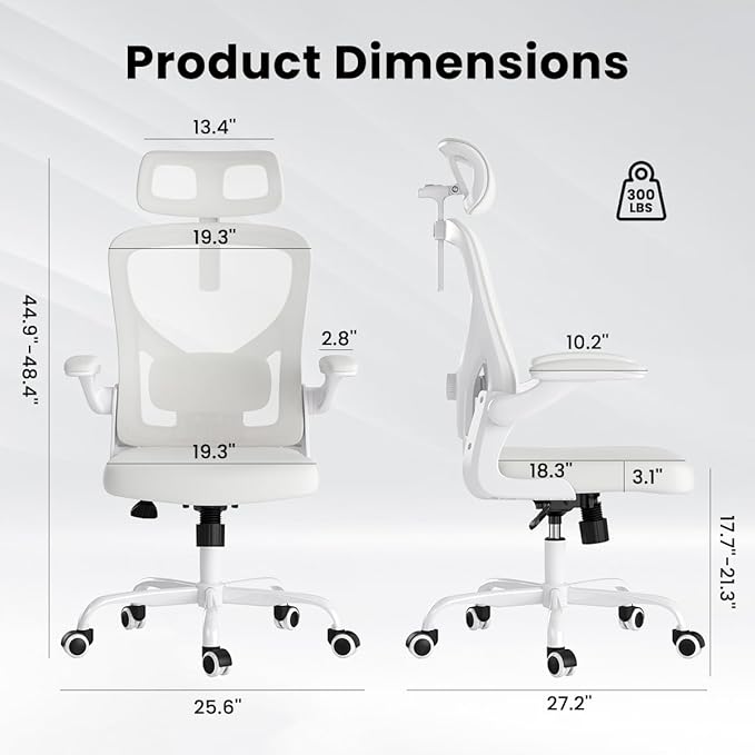 Soohow Office Chair, Ergonomic Office Mesh Desk Chair with Adjustable Back Support, High Back Comfy Computer Swivel Chair with Headrest, Lumbar Support for Study Room, Gaming and Office, White White