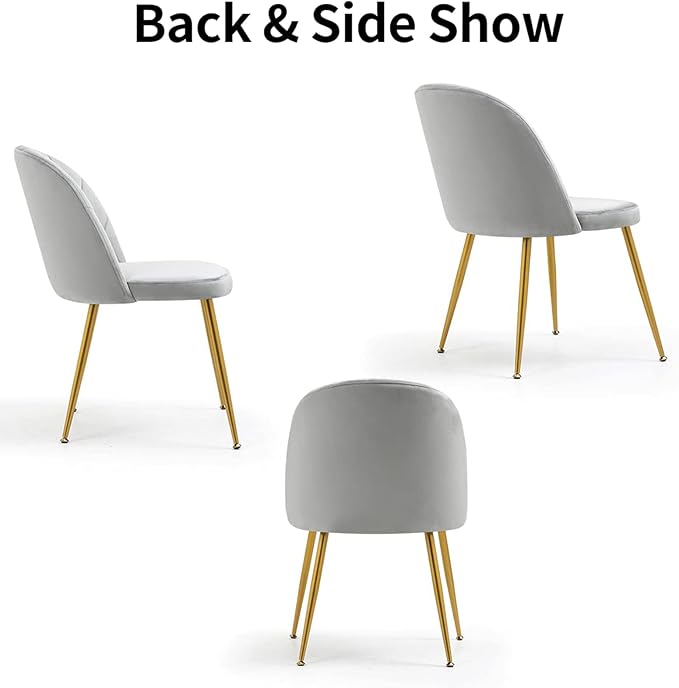 Velvet Dining Chairs Set of 2, Upholstered Mid Century Modern Dining Chairs, Armless Accent Chair with Metal Gold Legs for Living Room, Kitchen, Dining Room, Grey