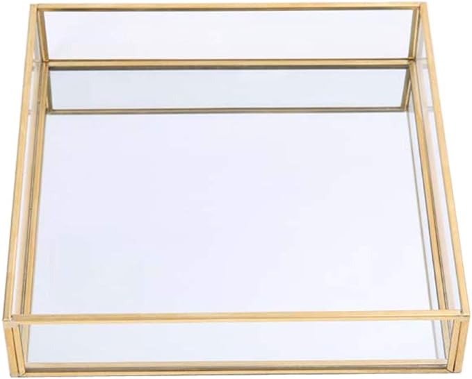 Sooyee Gold Tray Mirror,Square Mirror Tray can Hold Jewelry,Perfume,Makeup,Breakfast,Tea,Food,Magazine and More, Decorative Tray for Vanity,Dresser,Bathroom,Bedroom,Office,Garden,Coffee Table (8”x8”)