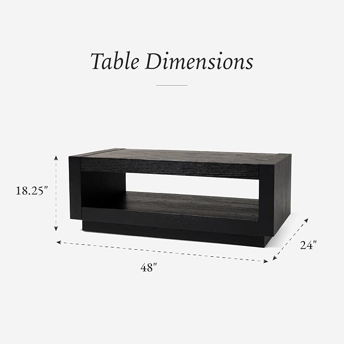 Maven Lane Artemis Coffee Table – 18 Inch Rectangle Table with Storage – Black Solid Wood – Ideal for Living Room and Lounge