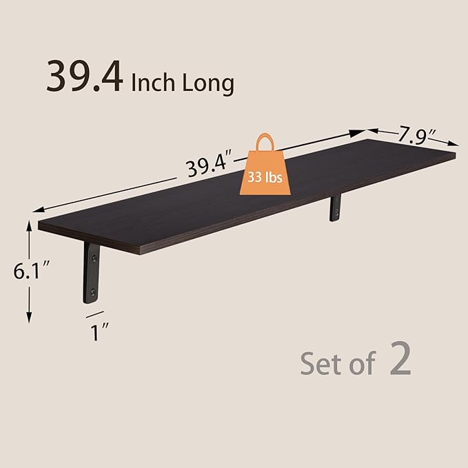 DINZI LVJ Long Wall Shelves, 39.4Inch Wall Mounted Shelves Set of 2, Extra Large Floating Storage Ledges with Sturdy Metal Brackets for Living Room, Bathroom, Bedroom, Kitchen, Espresso