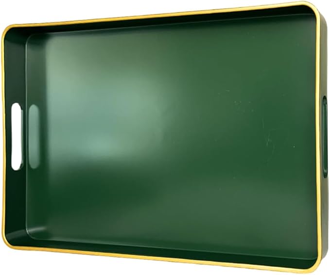 Rectangular Decorative Tray, Plastic Serving Trays with Handles, Coffee Table Tray for Ottoman, Living Room, Kitchen, Home Decor 15.7” x 10.2” x1.37”(Green)