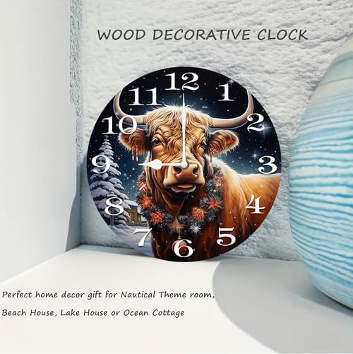 Cow with Christmas Wall Clock Large Silent Non-Ticking Battery Operated Modern Clocks for Living Room Decor/Bedroom/Office (12x12 in)