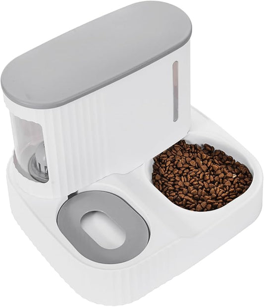 Automatic Cat Feeder,Gravity Auto Timed Pet Dry Food Self Feeding Container Dishes Bowl and Water Dispenser Fountain for Dog Puppy Kitten Kit Set Integrated 2 in 1 Continuous Tray(Grey)