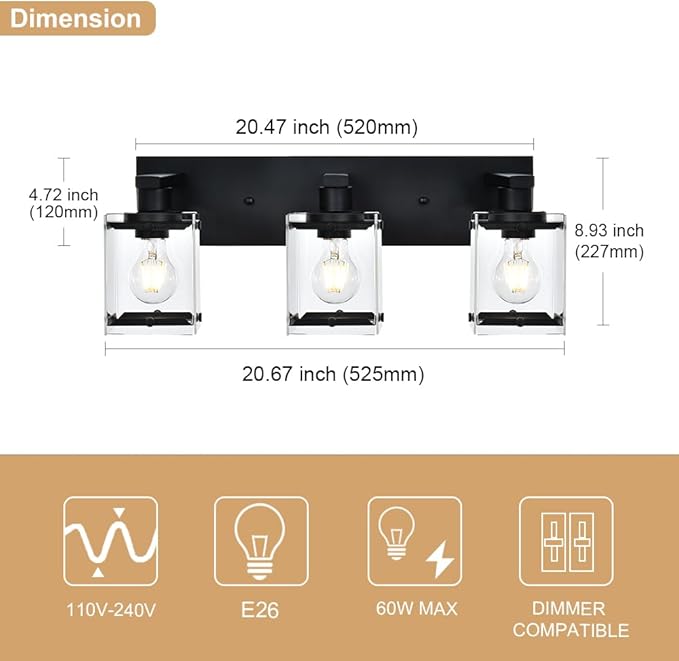 3-Light Black Bathroom Light Fixture Over Mirror, Vanity Wall Lighting with Rectangular Clear Glass, E26 Bulb Base