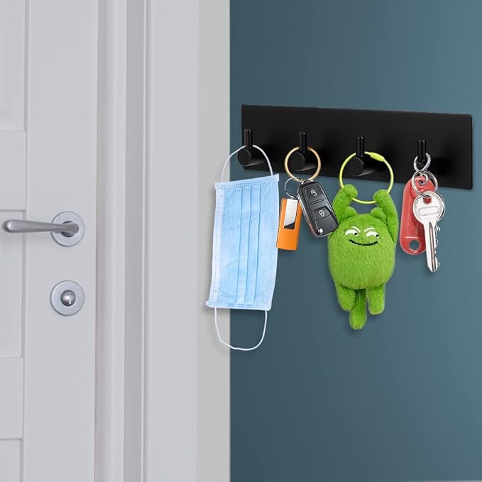 Picowe Key Holder for Wall Decorative, Adhesive Stainless Steel Key Hooks, Key Hanger Key Organizer for Wall, Towel Hook Coat Hanger for Entryway Hallway Kitchen(Four Rows,Black 1PCS)
