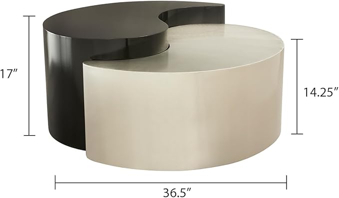 Modern Contemporary Luxury Ying-Yang 36" Coffee Table Set, Sculptural Design with Aluminum Frame for Living Room, Entryway, Home & Office, Black & Silver Dual Tone Coffee Table