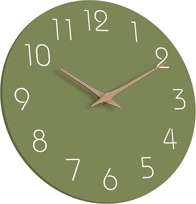 Mosewa Modern Wall Clock Silent Non Ticking 12 Inch Olive Green Battery Operated Simple Minimalist for Living Room Office Bedrooms Kitchen Home Decor