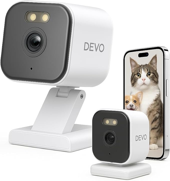 Devo Security Camera 2K | Indoor |Baby Monitor & Pet Camera | 2-Way Audio, Color Night Vision, Live Stream, Motion Alerts & Notifications White,1 Cam