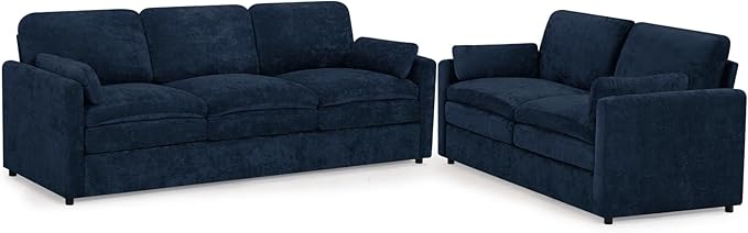 2 Pieces Chenille Sofa Set w/Arm Pillows, Upholstered Loveseat & 3 Seater Sofa w/Comfortable Back Cushions, Modern 2-Seat & 3-Seat w/High-Density Foam for Living Room, Apartment, Blue