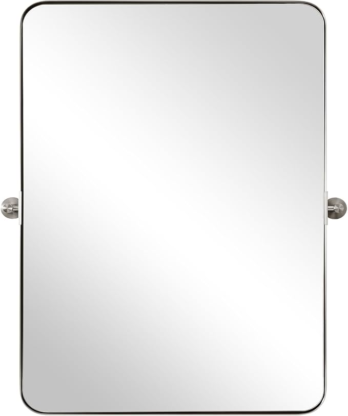 ANDY STAR 20"x30" Brushed Nickel Pivot Mirror for Bathroom, Silver Metal Frame Bathroom Mirrors for Wall，Rectangle Titling Vanity Wall Mirror with Rounded Corner Design Hangs Vertically Only