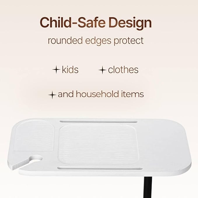 DAVIDOK C-Shaped Sofa End Table, Adjustable Height Couch Side Table with Device Slot, White Color with Black Metal Stand, Couch Table for Living Room, Bedroom