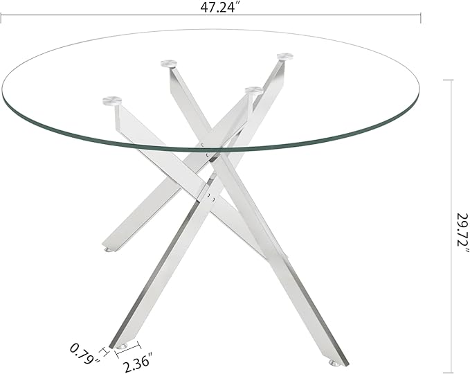 47.24" Round Glass Dining Table Modern Kitchen Glass Top Table for 6 with Silver Metal Legs, Clear Dining Table Kitchen Table for Home Office Dining Room