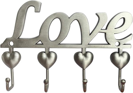 Myartte Key Holder- Key Hooks Decorative for Wall Decorative Zinc Alloy Key Organizer Rack with 4 Hooks -with Screws and Sticker (Antique Sliver Love)