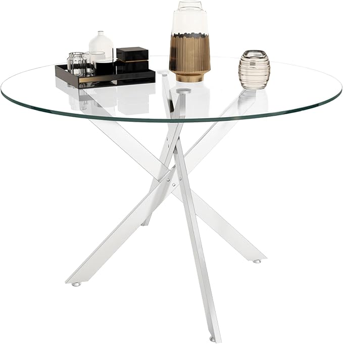 47.24" Round Glass Dining Table Modern Kitchen Glass Top Table for 6 with Silver Metal Legs, Clear Dining Table Kitchen Table for Home Office Dining Room