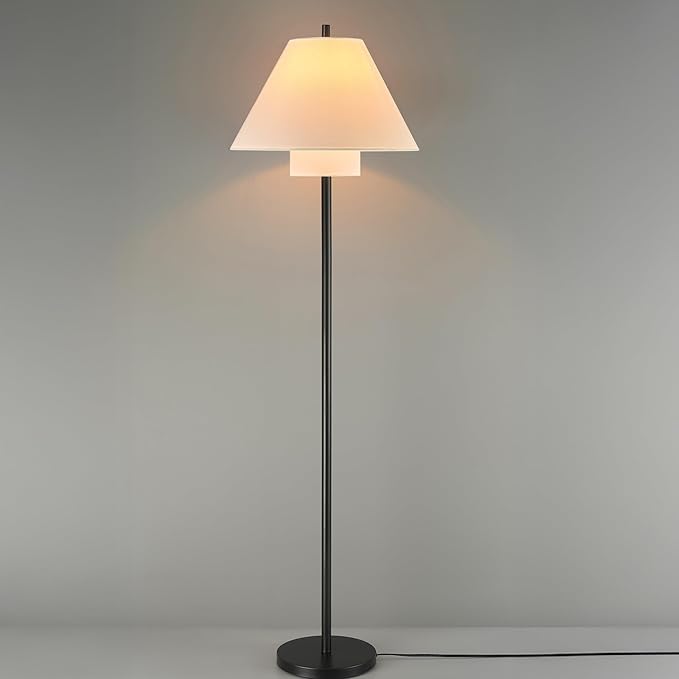 GLOBE Electric 61000170 62" Floor Lamp, Matte Black, White Fabric Double Shade, On/Off Rotary Switch on Socket, 5-Foot Black Cord, 1-Light, 60W E26/Medium Base Bulb