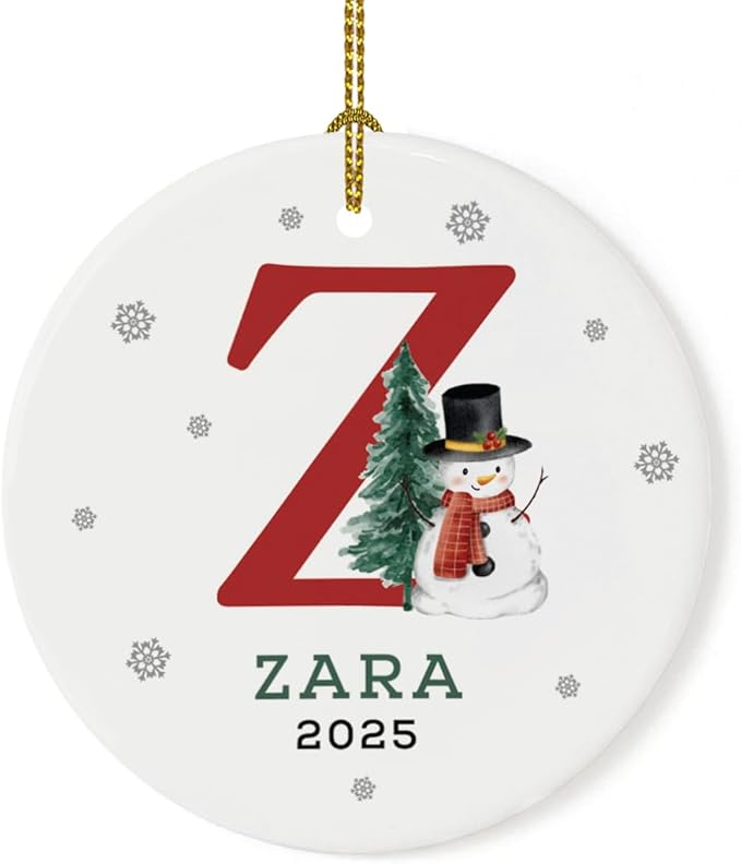 Andaz Press Personalized Christmas Ornaments, Custom Name, Initial Z Monogram Snowman 2.8" Ceramic Porcelain 2025 Christmas Ornament Keepsake for Kids, Boys, Girls, Christmas Initial Ornaments 1-Pack