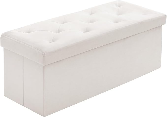 BRIAN & DANY 43 Inches Folding Storage Ottoman Bench, Velvet Ottoman with Storage for Living Room, Long Shoes Bench, Flannelette Footrest Benches Seat (White)