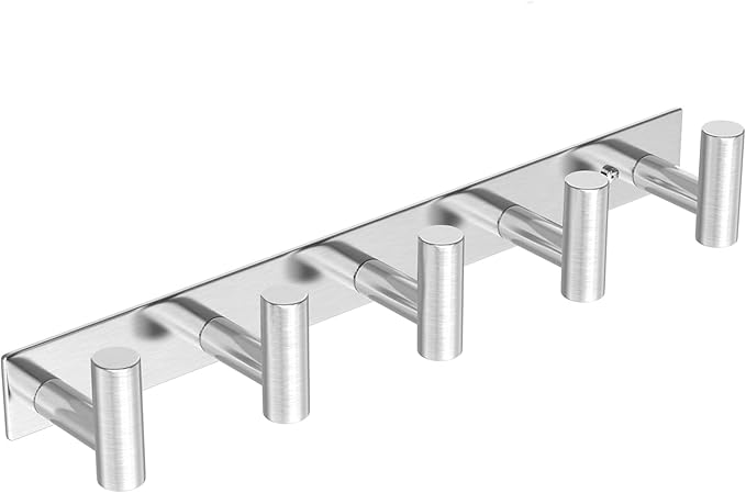 HUFEEOH Silver Coat Hooks Wall Mount, T Shaped 5 Hooks Stainless Steel Wall Hooks Towel Rack for Hanging, Heavy Duty Key Holder Hat Rack Used for Bathroom