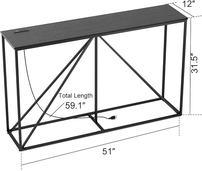 Console Table, 51" W × 12" D × 31.5" H Sofa Table Behind Couch, Entryway Table with Electrical Outlet & USB Ports, Industrial Pyramid Metal Base Console Table for Entryway, Black Wood