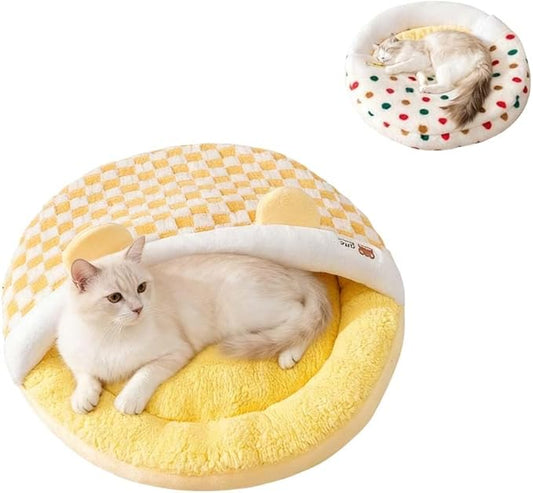 Plush Cat Bed for Indoor Cats，Calming Cozy Cave with Self-Warming，Cat Cave Pet Sleeping Bag for Puppy and Kitty，Shell Shaped Washable Pet Bed for Small Cats & Dogs (Yellow,L-27 x 27 x 4 in)