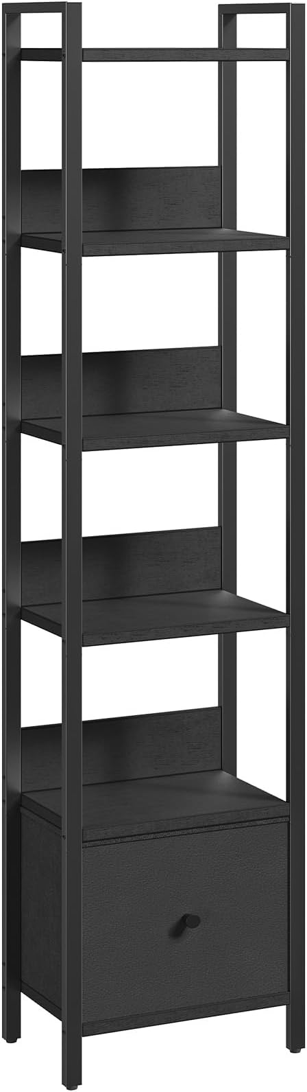 Bookshelf, 6-Tier Bookcase with Drawer, Small Book Shelf for Small Space, Storage Shelf Organizer, for Living Room, Bedroom, Study, Kitchen, Black BKHB66101