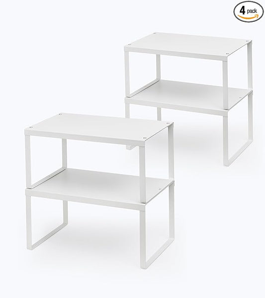 Cabinet Organizer Shelf, Set of 4 Cabinet Shelves, Stackable Metal Kitchen Counter Organizer, Adjustable Countertop Cupboard Pantry Shelf Riser Storage Rack, White