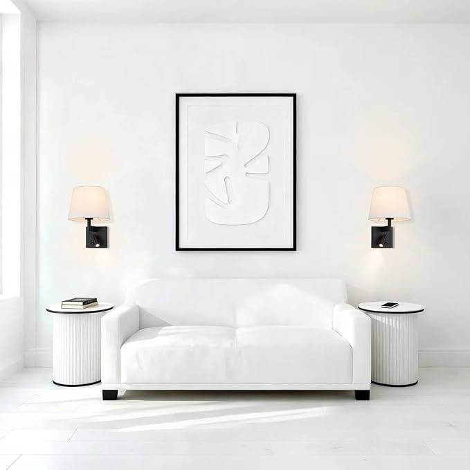 XiNBEi Lighting Hardwired Wall Sconce with LED Integrated Reading Light, Bedroom Wall Lamp with Linen Fabric Shade & On/Off Switch Modern Bedside Sconce Lighting Fixture, Matte Black XB-W468-LED-MB