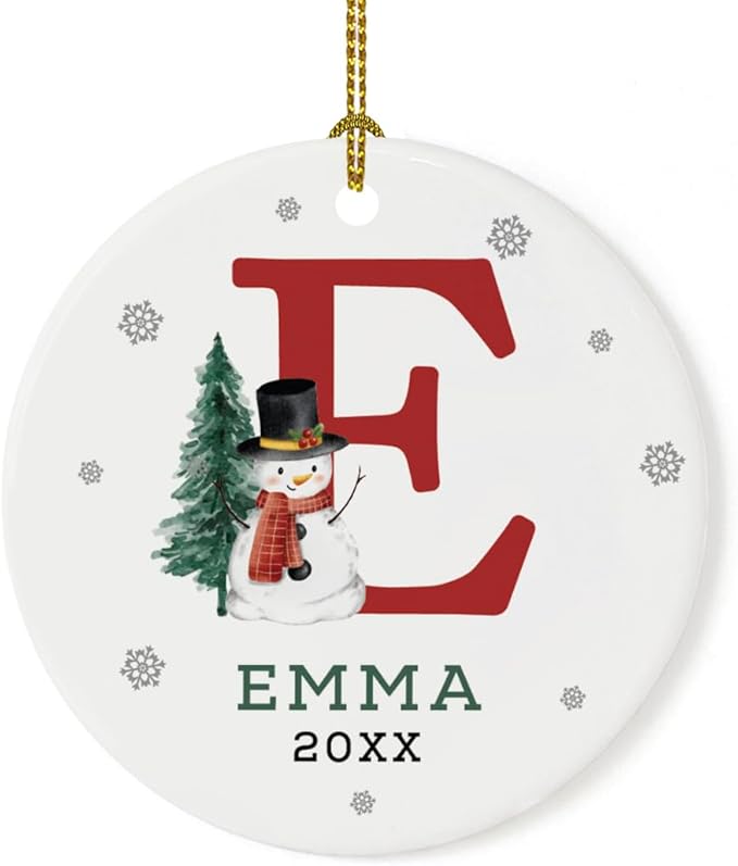 Andaz Press Personalized Christmas Ornament, Custom Name, Initial E Monogram Snowman 2.8" Ceramic Porcelain 2025 Christmas Ornament Keepsake for Kids, Boys, Girls, 1-Pack Initial Ornaments
