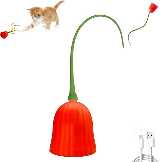 Interactive Electric Cat Teaser Wand Toys with Silicone Tail, Rechargeable Exercise Toy for Indoor Cats and Kittens (RED)