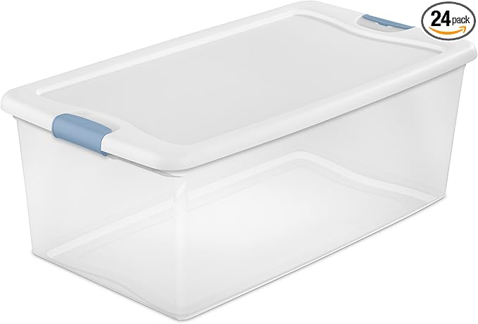 Sterilite 24-Pack Latching Box, Under Bed Storage Bins with Lids, Clear Plastic, 106 Quart - Heavy-Duty Organizing Containers for Closet, Bathroom, and Office