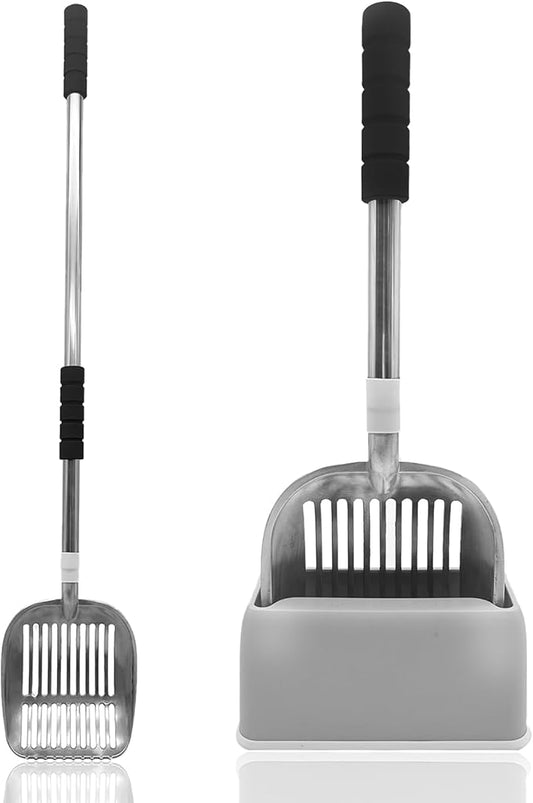 PINVNBY Cat Litter Scooper, Long Handle Litter Sifter Scoop with Litter Scoop Holder Stainless Steel Kitten Scooper Deep Kitty Litter Scooper with Box Metal Detachable Sifting Litter Shovel Set