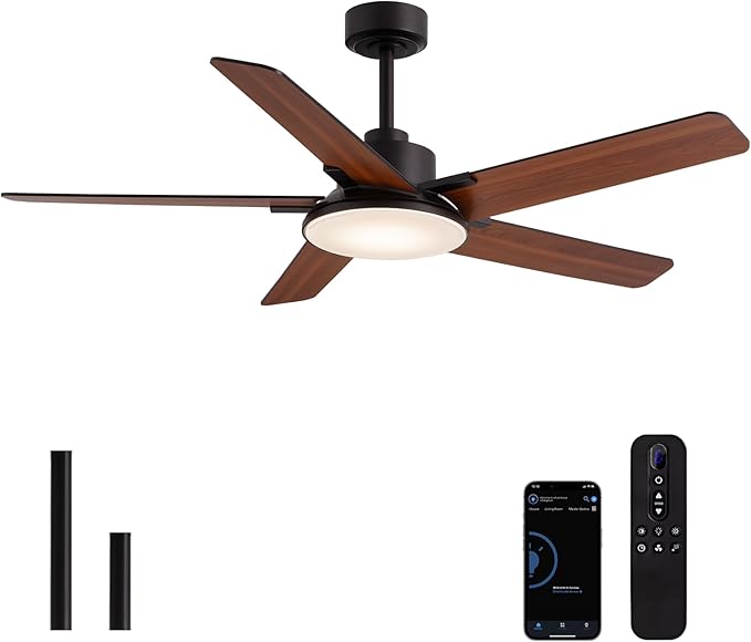Ceiling Fans with Lights and Remote Control, 52 Inch Modern Ceiling Fan with 3CCT Dimmable LED, 6 Speeds, Quiet Reversible DC Motor, Timer, Black Ceiling Fan for Living Room, Kitchen, Outdoor Patio