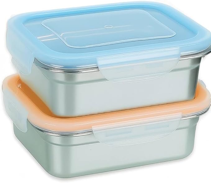 Set of 2 Stainless Steel Sandwich Containers - Food Grade Metal Base, BPA Free Leakproof & Airtight Silicone Seal Lid. Great for Sandwiches, Snacks, Meal Prep & Food Storage - Blue/Orange