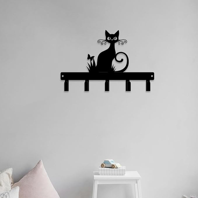magilab Cat-Themed 10-Inch Iron Key Hooks with 5 Hooks, Black Wall Organizer - Cute Cat Design for Home Decor, No Drill & Screw-in Options (Style E)