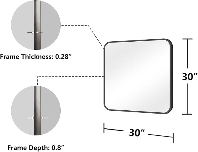 Koonmi Bathroom Mirror, 30X30 Inch Black Metal Framed Mirror for Bathroom, Tempered Glass, Anti-Rust, Rounded Rectangle Mirror for Restroom, Bedroom, Black