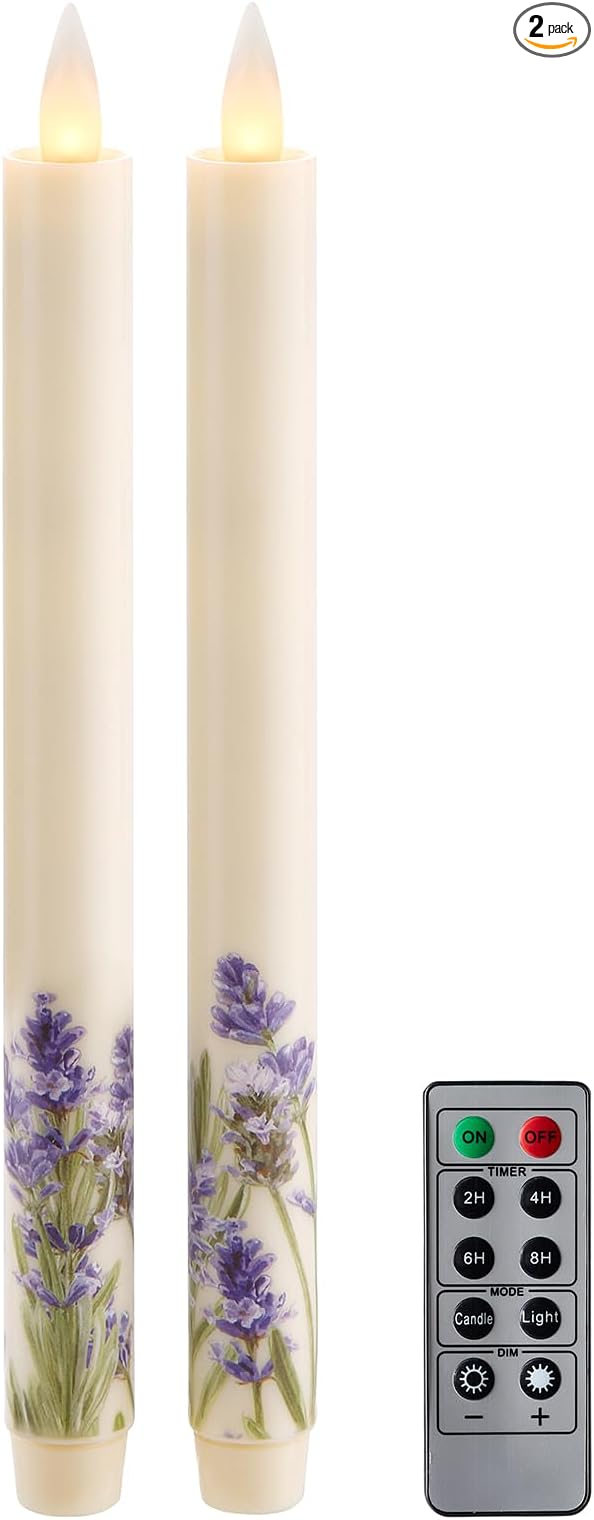 Flameless Taper Candles Flickering with Remote and Timer, 3D Moving Flame Taper Candle Battery Operated to 400 Hours, 9 Inch Window Candles, (Lilac)
