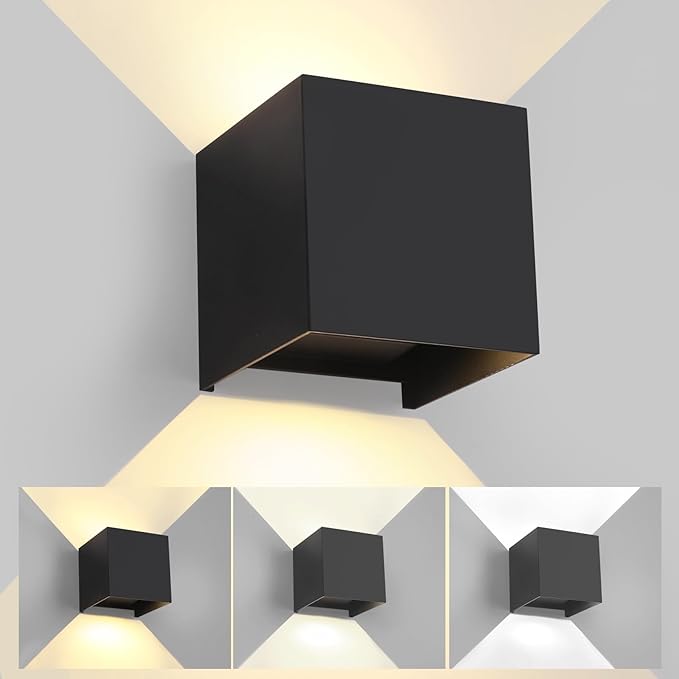 LED 20W Outdoor Wall Lights Exterior/Interior 3 Colors Adjustable Wall Sconce Up and Down Light Porch Lights IP65 Waterproof Exterior Wall Sconce Modern Outdoor Lighting Square Aluminum Black