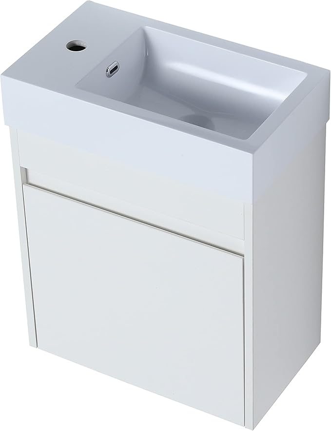 Goujxcy 18" Wall Mounted Bathroom Vanity with Sink, Modern Floating Bathroom Cabinet with White Resin Wash Basin & Storage Cabinet, Soft-Close Door Wood Hanging Bath Room Cabinet