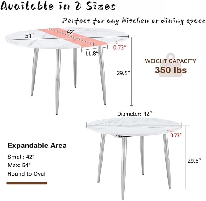 FURNITO 42"-54" Extendable Round Dining Table for 4–6, White Faux Marble & Wood Grain Top with Silver Metal Legs, Contemporary Oval Kitchen Table, Space-Saving Dining Room Table, Easy Assembly