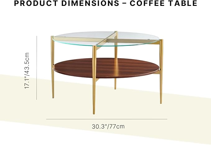 Shrine Round Glass Coffee Table, Mid-Century Modern Design, D30 x H17 in, 2-Tier Structure, Clear Glass Top and Walnut MDF Shelf, Sleek Conical Metal Legs with Gold Finish