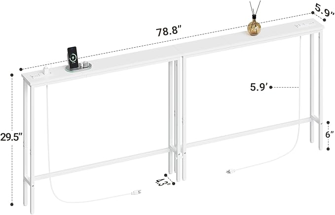 ELYKEN 2 Pack 5.9" Narrow Console Sofa Table with Power Outlets, Total 78.8” Long Behind Couch Table with Charge Station and 5.9’ Extension Cord for Living Room, 5.9" D x 78.8”W x 29.5”H, White