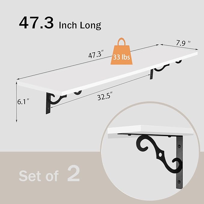 DINZI LVJ Long Wall Shelves, 47.3" Large Floating Shelves Set of 2, Farmhouse Display Shelf Wall Mounted with Heavy Duty Brackets, Easy Assembly for Kitchen, Bathroom, Bedroom, Balcony, White